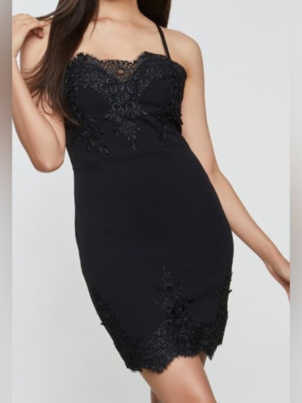 NWT Haute Monde Black Bodycon with Lace Trim Dress, Small